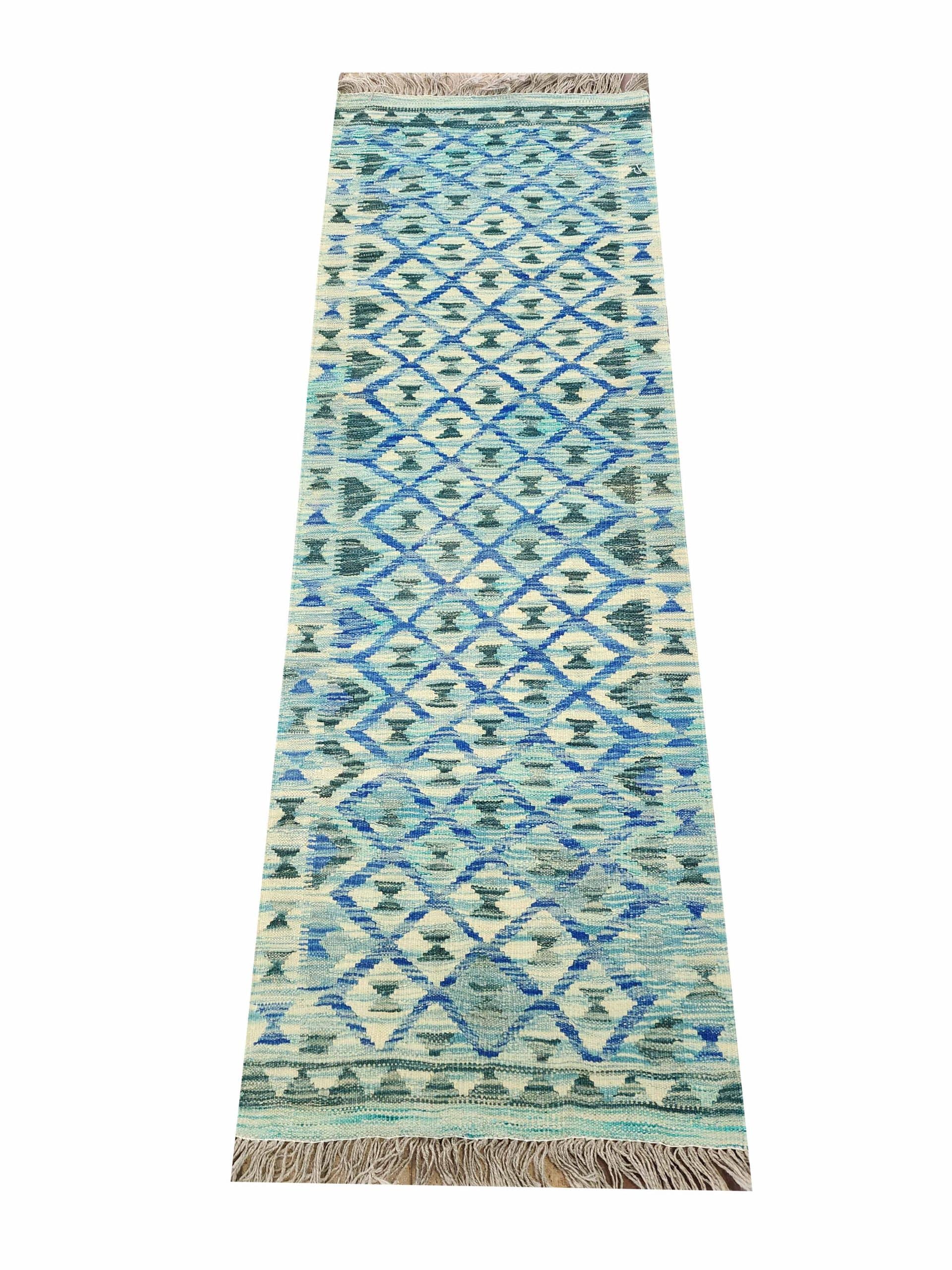 Blue Lattice - Chobi Kilim Runner 192 x 66 CM