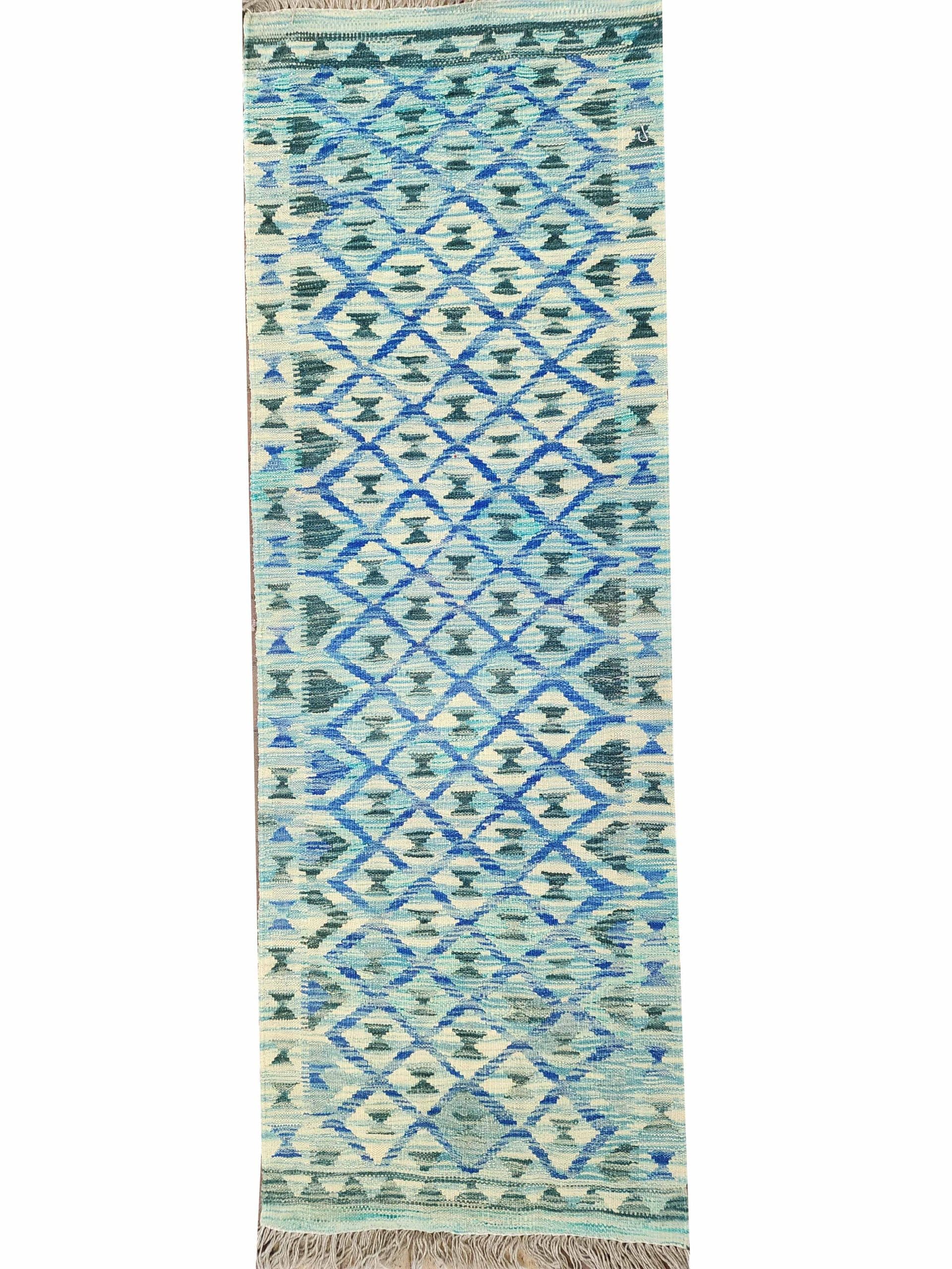 Blue Lattice - Chobi Kilim Runner 192 x 66 CM - Image 3